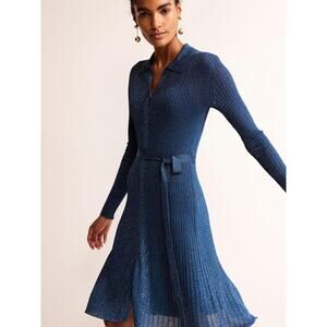 Boden Faye Sparkle Knitted Midi Dress in Atlantic Blue Size L Large